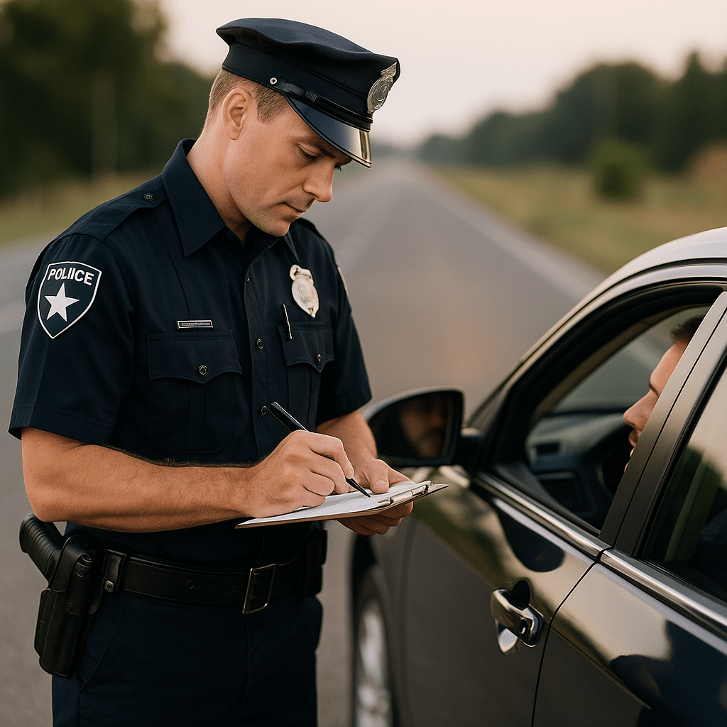 Police Officer Writing a Citation During a Traffic Stop on a Rural Road