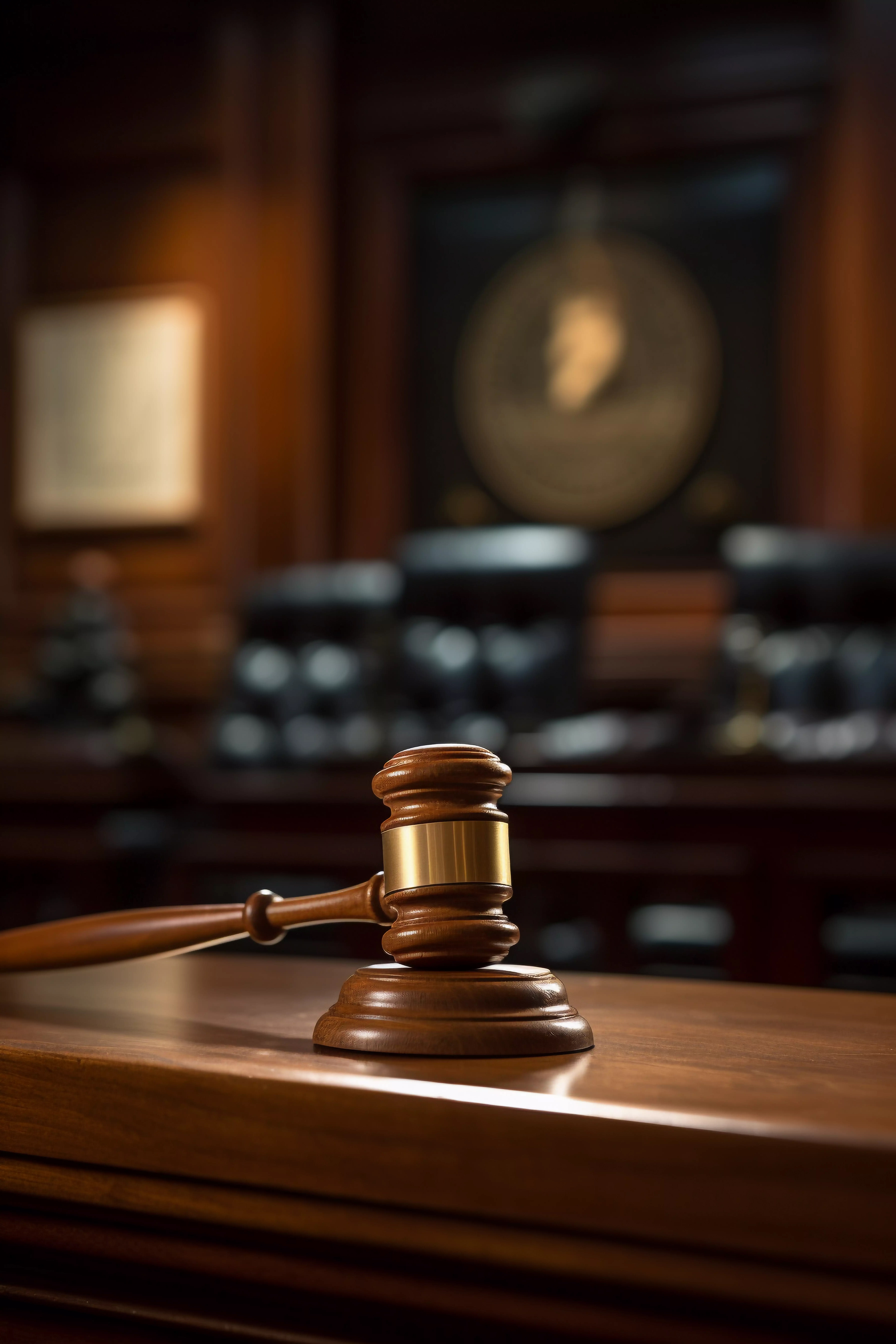 Wooden Judge’s Gavel Resting on a Courtroom Bench with Chairs